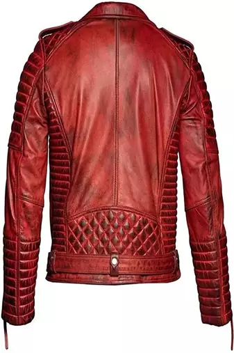 Men's quilted shoulder genuine leather jacket red rub off pattern