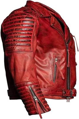 Men's quilted shoulder genuine leather jacket red rub off pattern 3