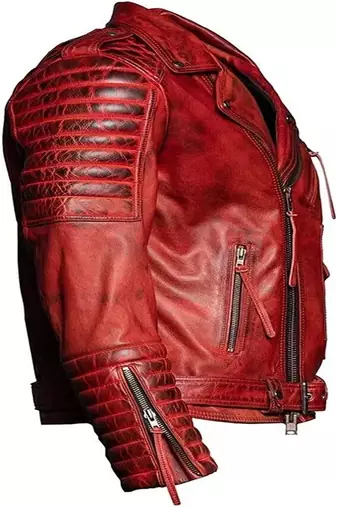 Men's quilted shoulder genuine leather jacket red rub off pattern