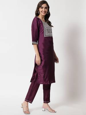 wine fancy silk blend kurta set 4