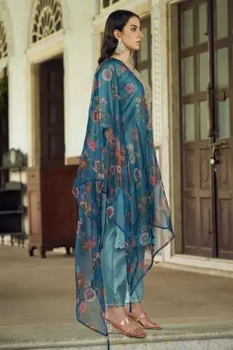 sky-blue fancy viscose rayon kurta set