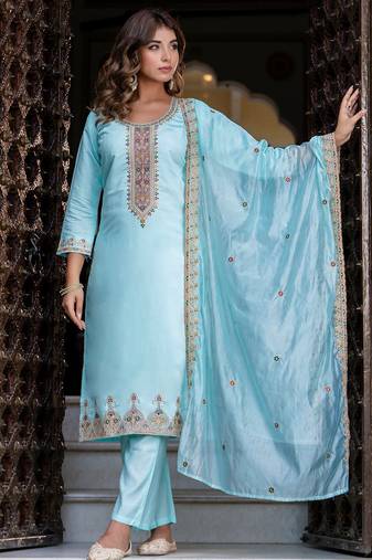 sky-blue fancy silk blend kurta set