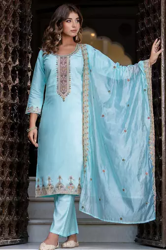 sky-blue fancy silk blend kurta set