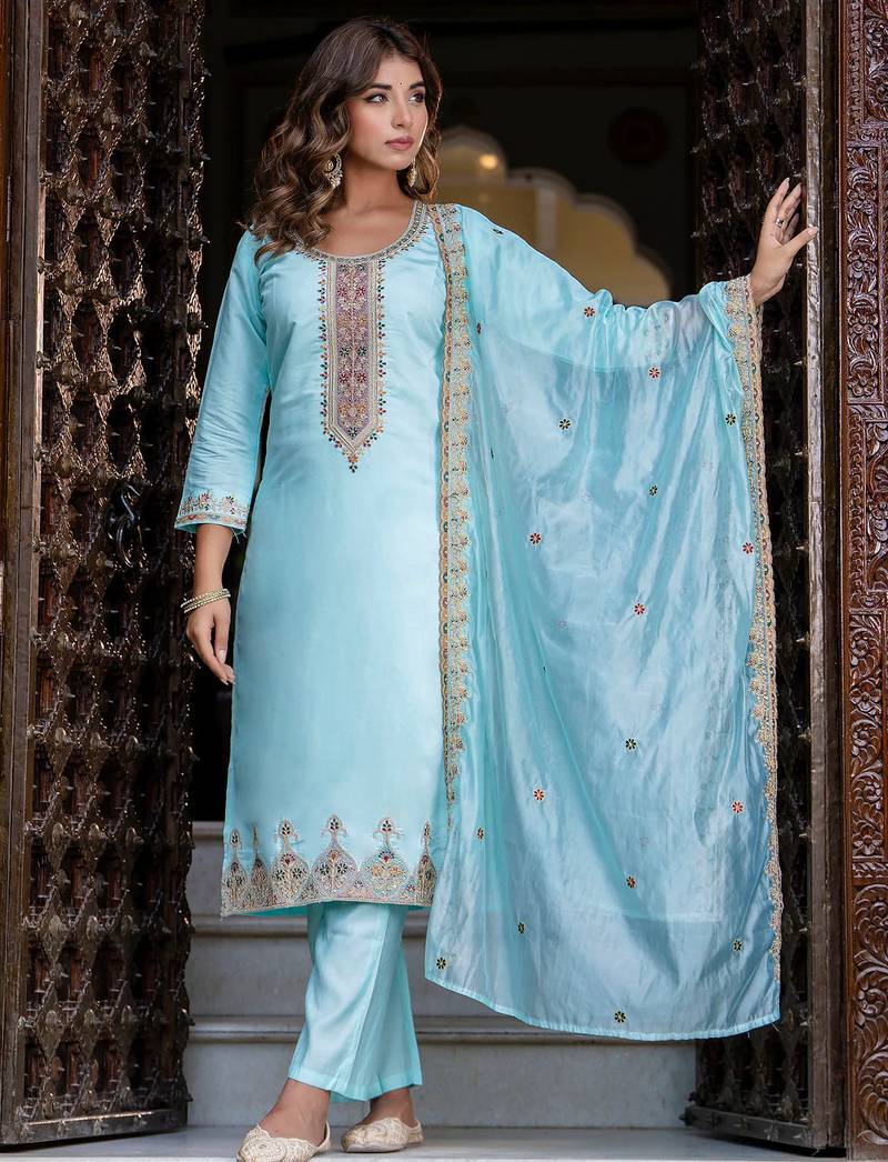 sky-blue fancy silk blend kurta set