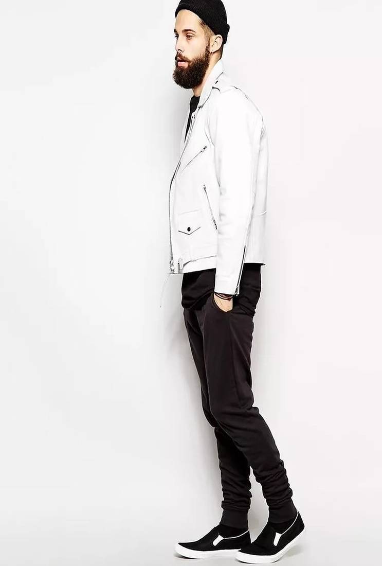Genuine soft lambskin white leather jacket moto biker zipper jacket