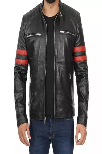 Black lambskin leather jacket red stripe arm zipper pockets