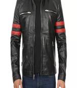 Black lambskin leather jacket red stripe arm zipper pockets