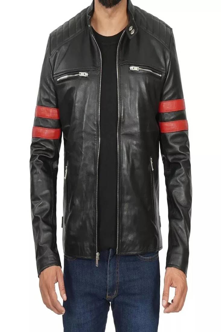 Black lambskin leather jacket red stripe arm zipper pockets