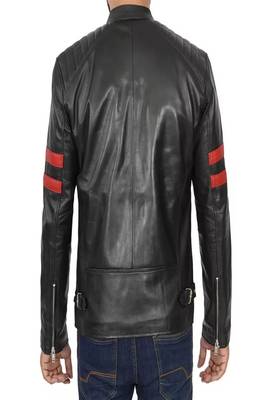 Black lambskin leather jacket red stripe arm zipper pockets 3