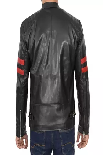 Black lambskin leather jacket red stripe arm zipper pockets
