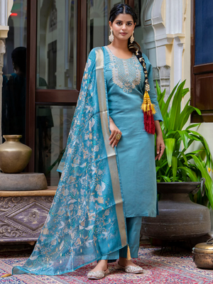 blue fancy silk blend kurta set 2