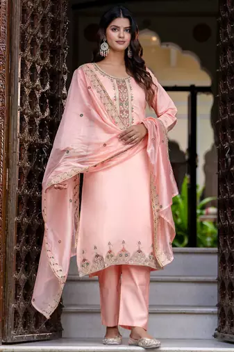 peach fancy silk blend kurta set