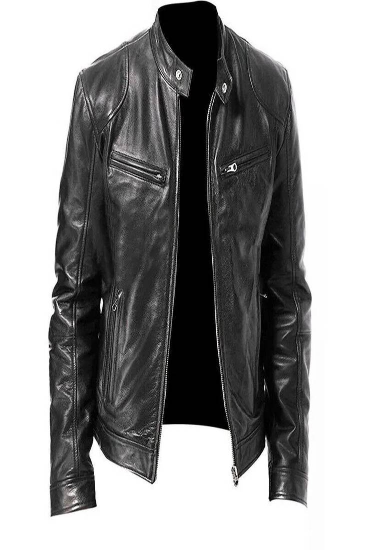 Men's black patchwork lambskin leather jacket cafer racer jacket