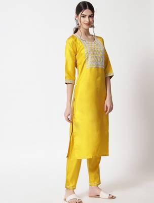 yellow fancy silk blend kurta set 4