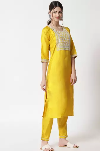 yellow fancy silk blend kurta set