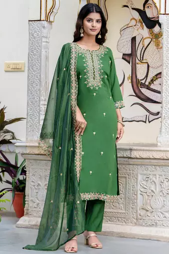 green fancy silk blend kurta set