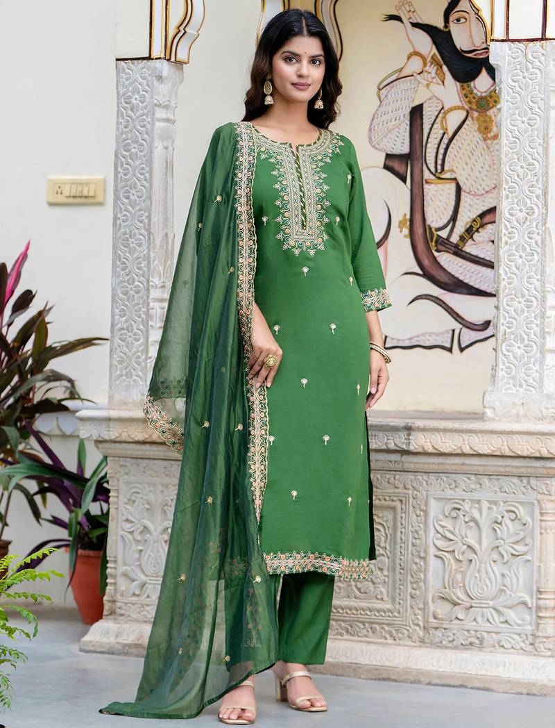 green fancy silk blend kurta set