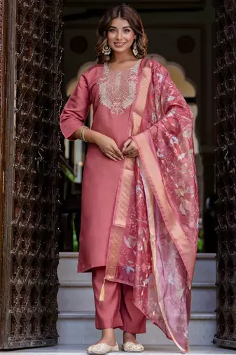 coral fancy silk blend kurta set