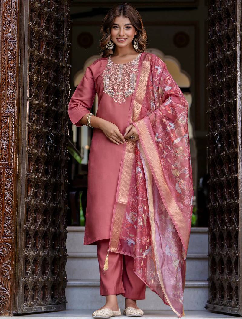 coral fancy silk blend kurta set