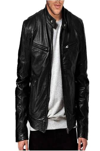 Men's black lambskin leather jacket cafer racer jacket zip pockets