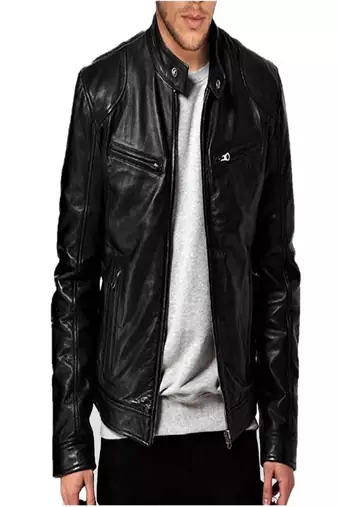 Men's black lambskin leather jacket cafer racer jacket zip pockets