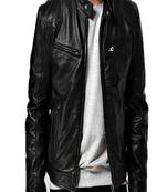 Men's black lambskin leather jacket cafer racer jacket zip pockets
