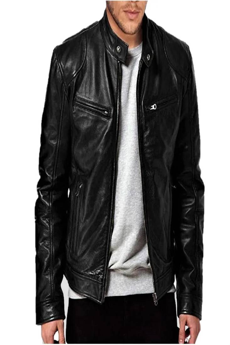Men's black lambskin leather jacket cafer racer jacket zip pockets