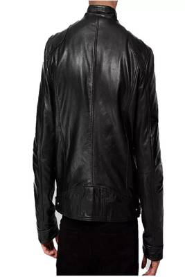 Men's black lambskin leather jacket cafer racer jacket zip pockets 2