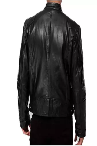 Men's black lambskin leather jacket cafer racer jacket zip pockets