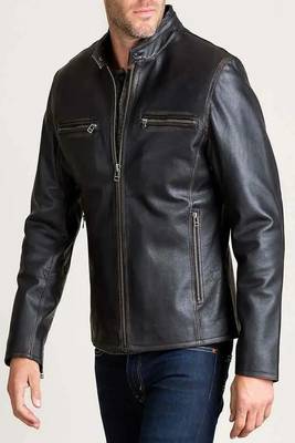 Men's black lambskin leather jacket cafer racer jacket 4 zip pockets 1
