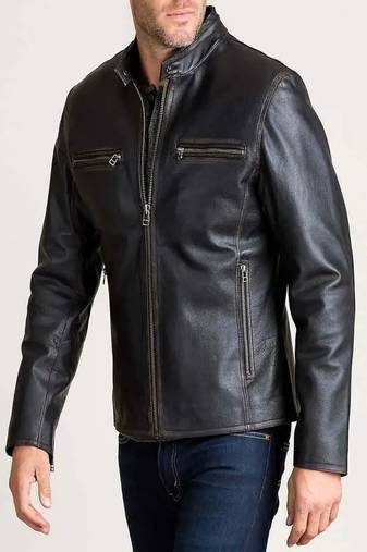 Men's black lambskin leather jacket cafer racer jacket 4 zip pockets