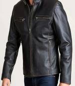 Men's black lambskin leather jacket cafer racer jacket 4 zip pockets