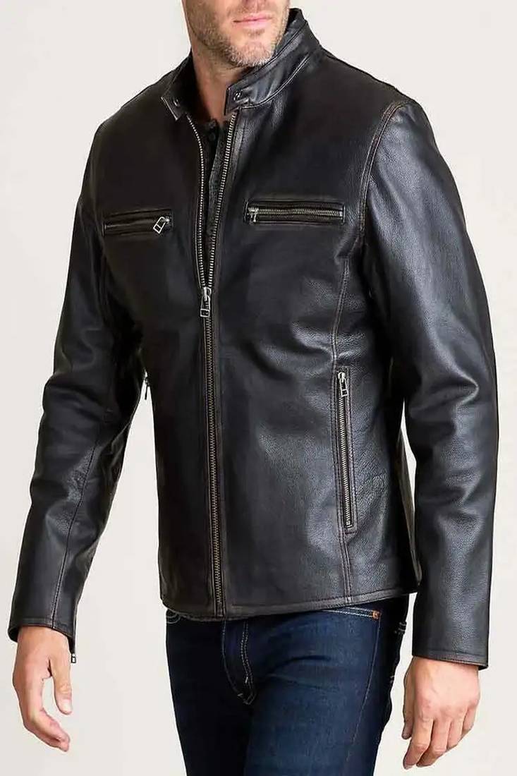 Men's black lambskin leather jacket cafer racer jacket 4 zip pockets