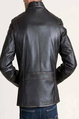 Men's black lambskin leather jacket cafer racer jacket 4 zip pockets 2