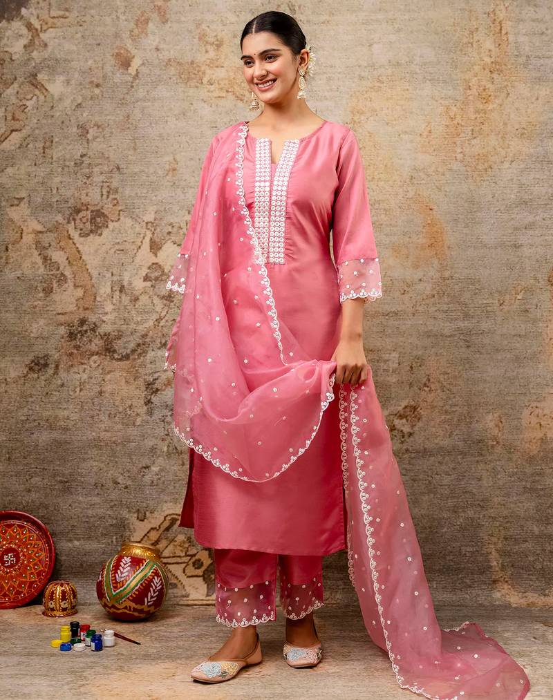 pink fancy silk blend kurta set