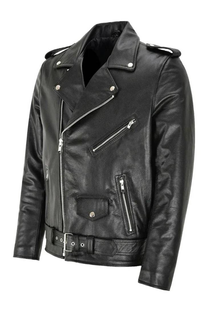 Black men's zipper biker genuine lambskin leather jacket