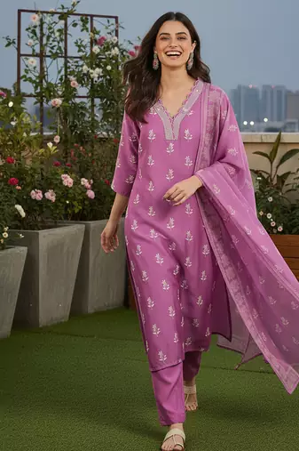 Women's purple rayon printed with straight kurta set with pant & dupatta