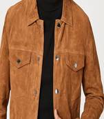 Brown soft suede genuine lambskin leather jacket button pockets