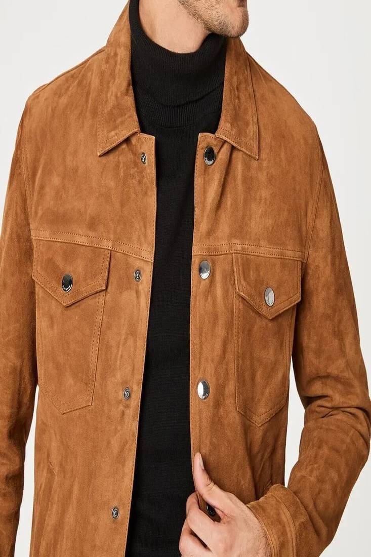 Brown soft suede genuine lambskin leather jacket button pockets