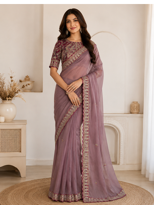 onion pink embroidery with sequins silk saree 1