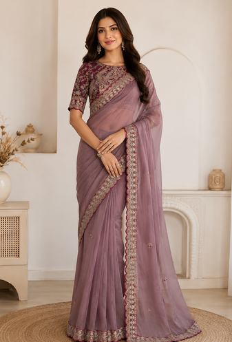 onion pink embroidery with sequins silk saree