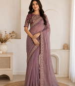onion pink embroidery with sequins silk saree