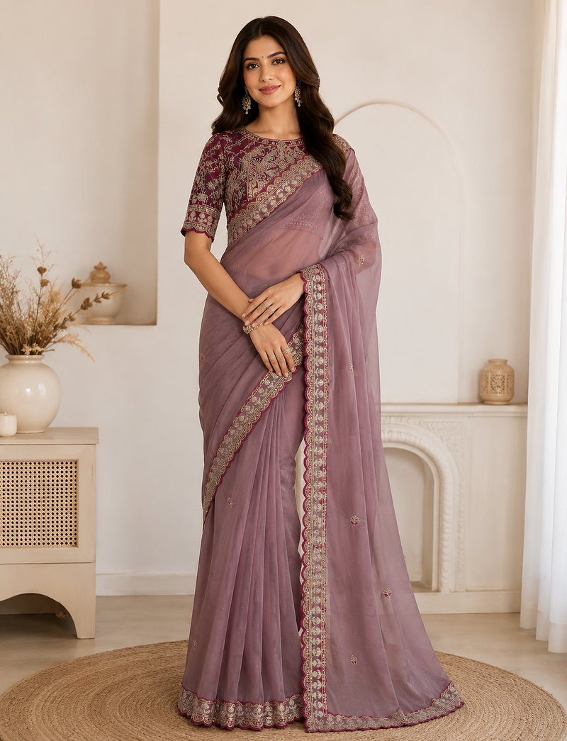 onion pink embroidery with sequins silk saree