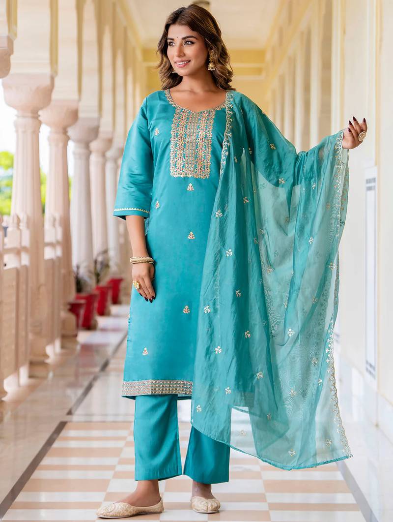 blue fancy silk blend kurta set