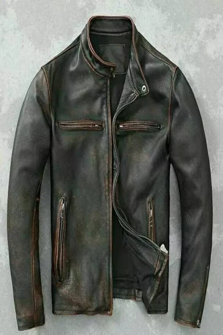 Men's black rub off genuine lambskin leather jacket vintage look