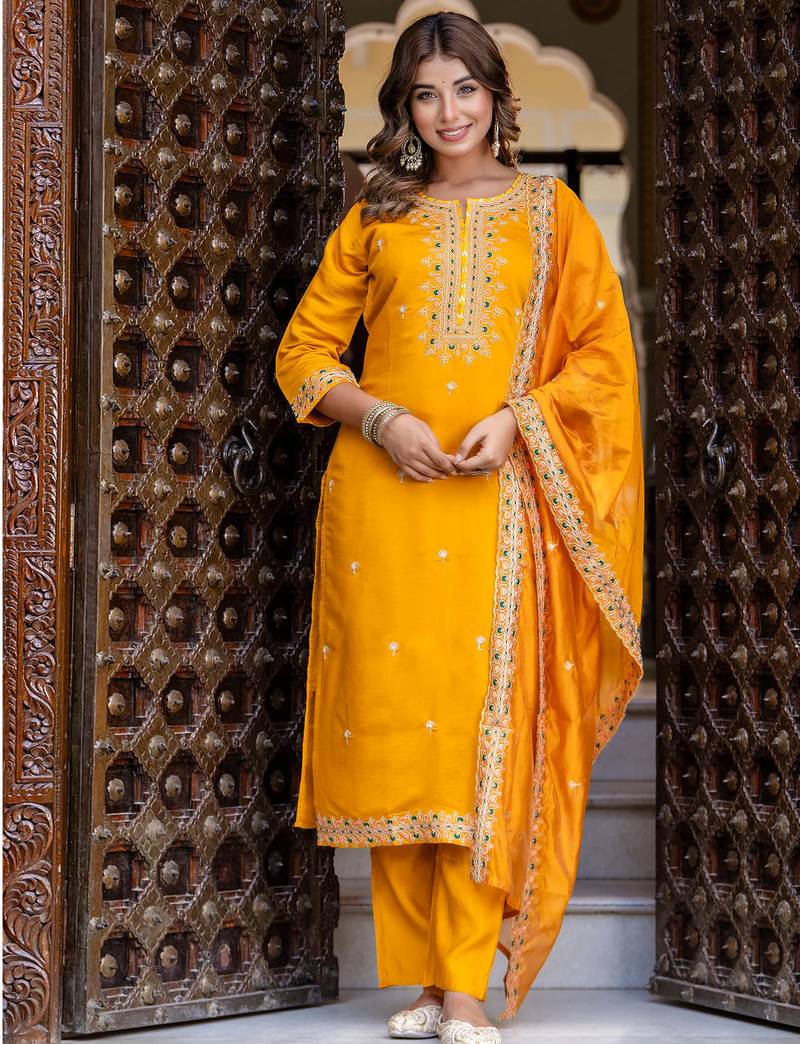 mustard fancy silk blend kurta set