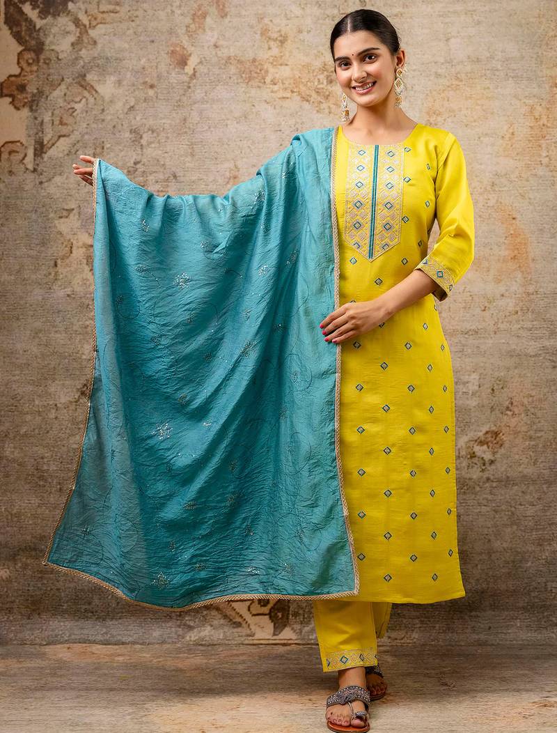 yellow fancy silk blend kurta set