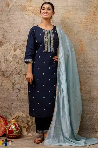 blue fancy silk blend kurta set