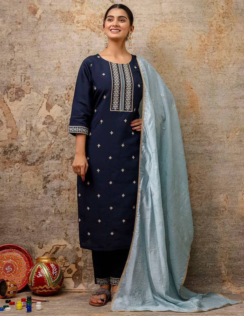 blue fancy silk blend kurta set