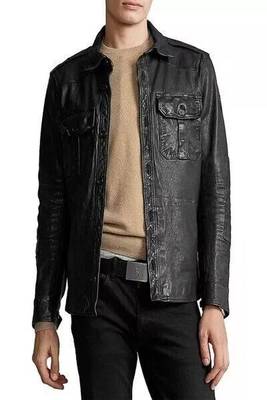 Men's black  soft lambskin leather jacket button pockets 1